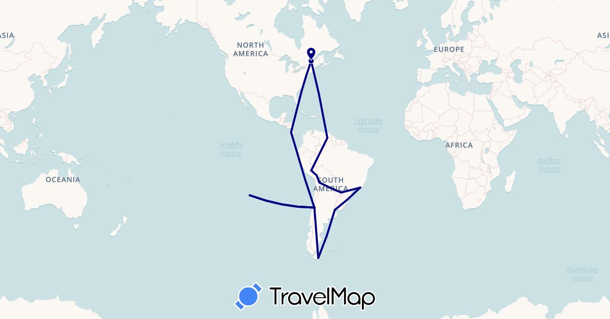 TravelMap itinerary: driving in Argentina, Bolivia, Brazil, Canada, Chile, Costa Rica, Peru, Venezuela (North America, South America)